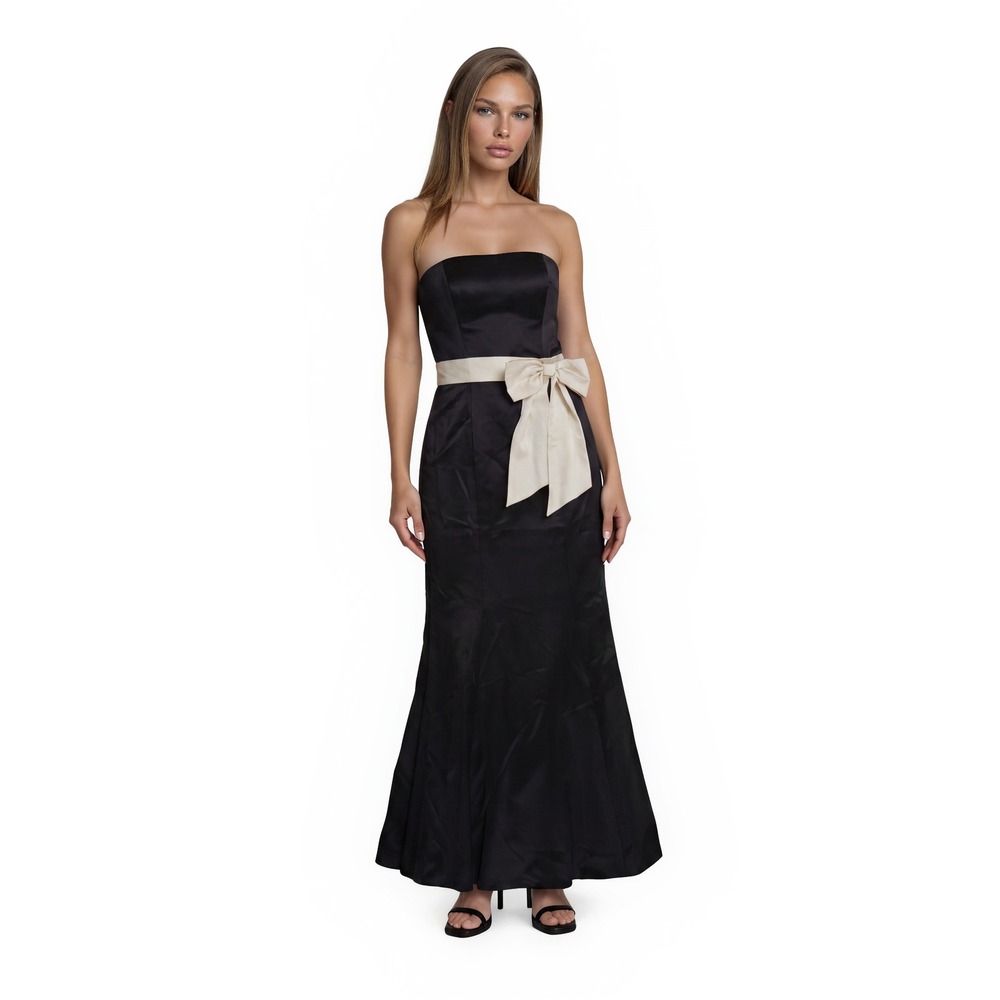 Vintage Laundry Mermaid Gown Maxi Dress Women's Size 4 Black Strapless Silk Bow